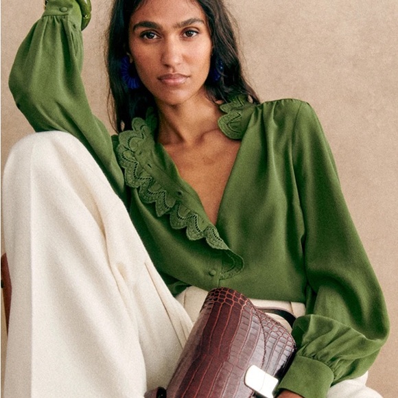 Sezane Tops - Sézane Chlo Embroidered 100% Silk Long Sleeve Blouse | Sz FR 32 (US 0) | Olive